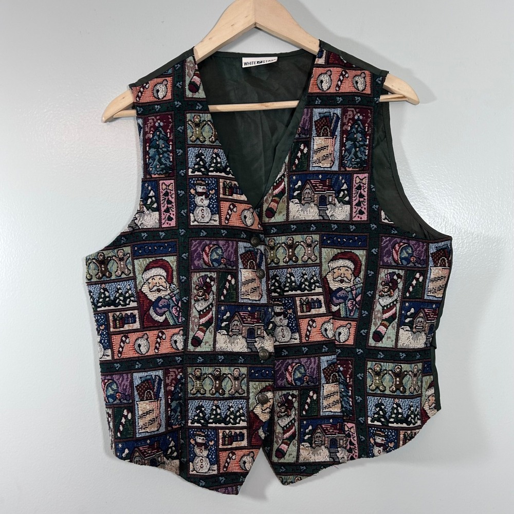 White Stag Vintage Christmas Tapestry Vest XL Santa Snowman Gingerbread Green